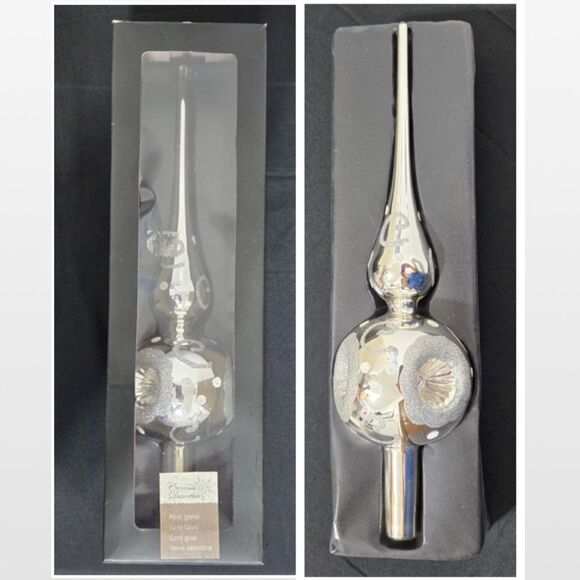 Vintage Christmas Tree Topper Silver Mirrored Glass With Glitter 10 Inch VTG - Picture 4 of 16